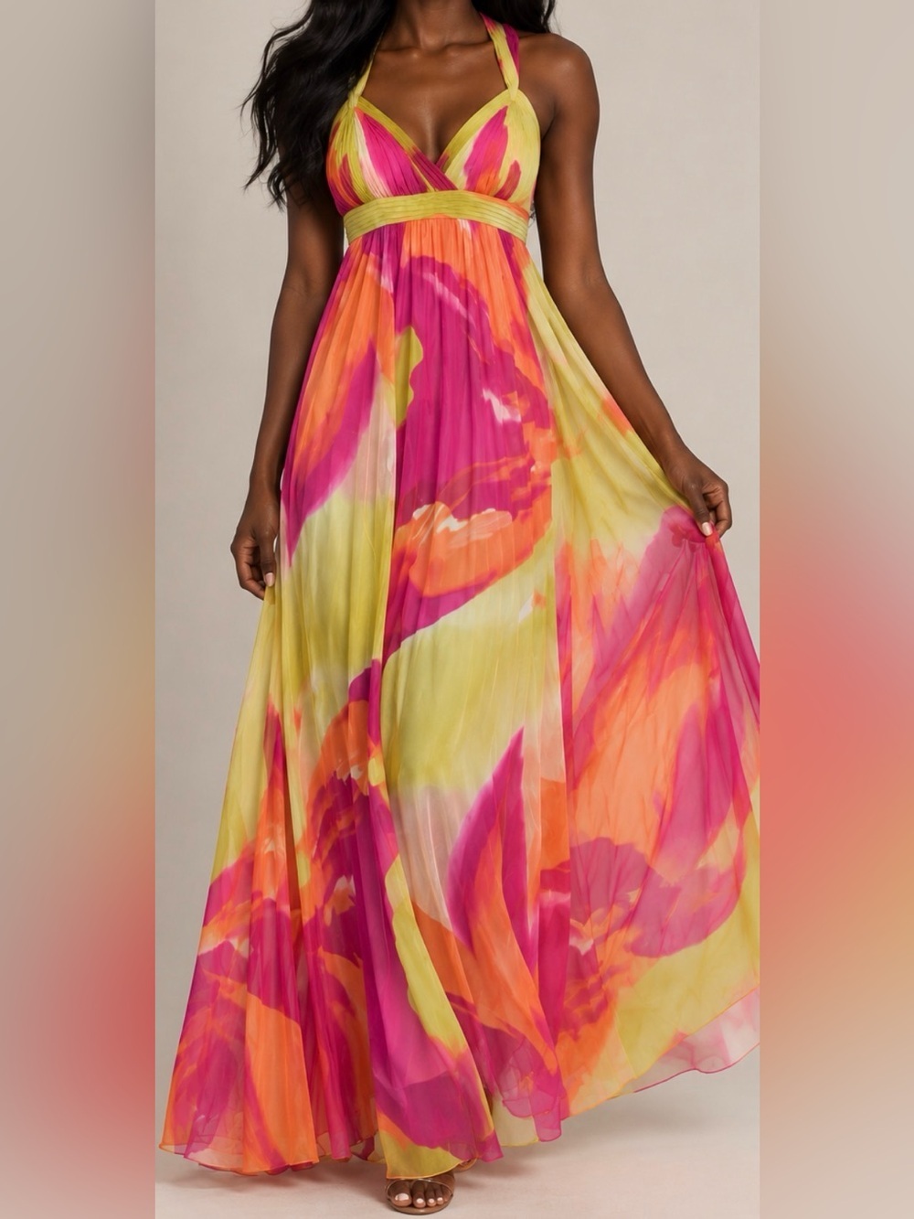 BCBGMAXAZRIA 100% Silk Watercolor Print Empire Waist Maxi Dress | Size 2
